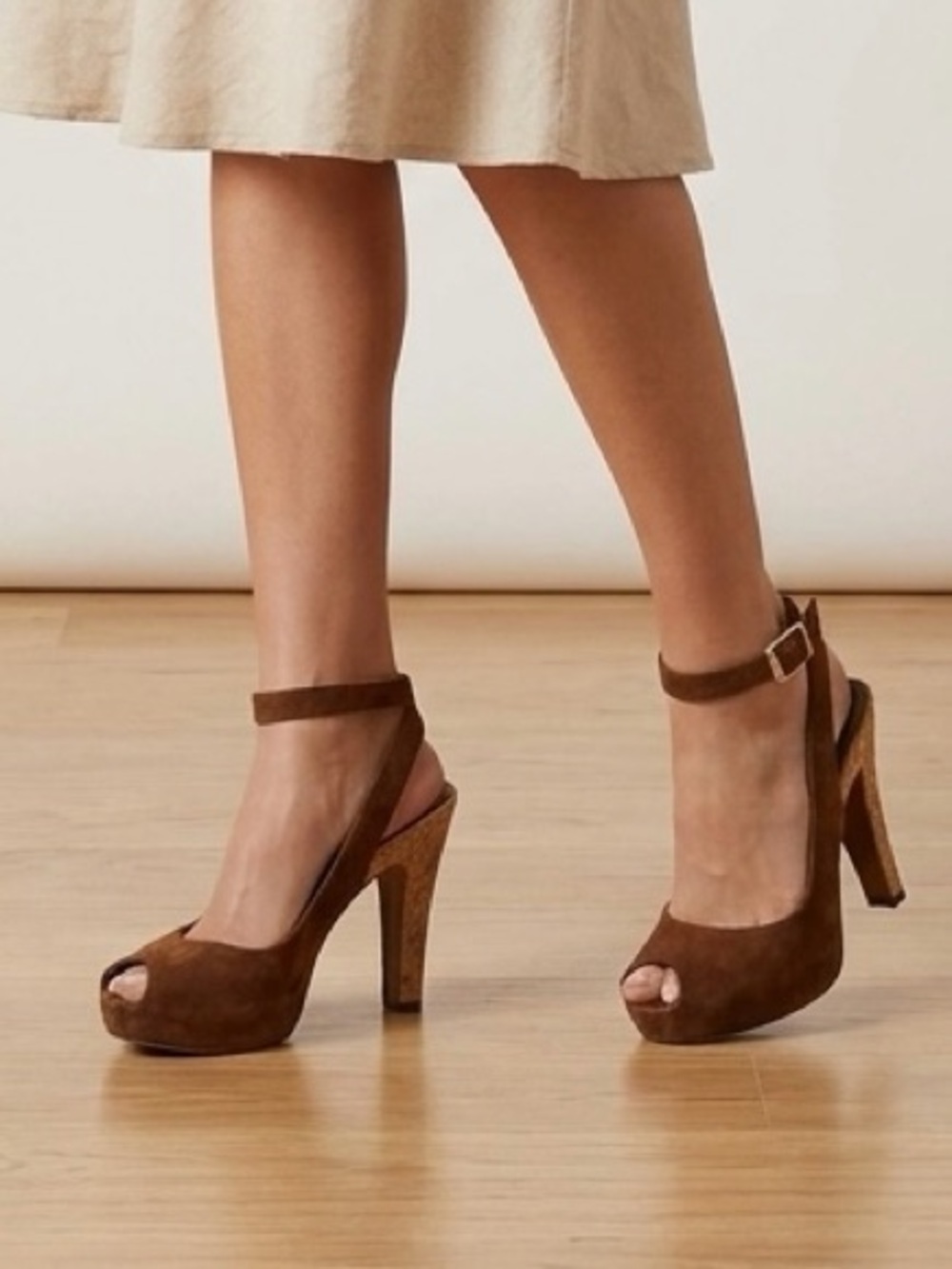 Fendi Brown Suede Slingback Ankle Strap with Cork Heels